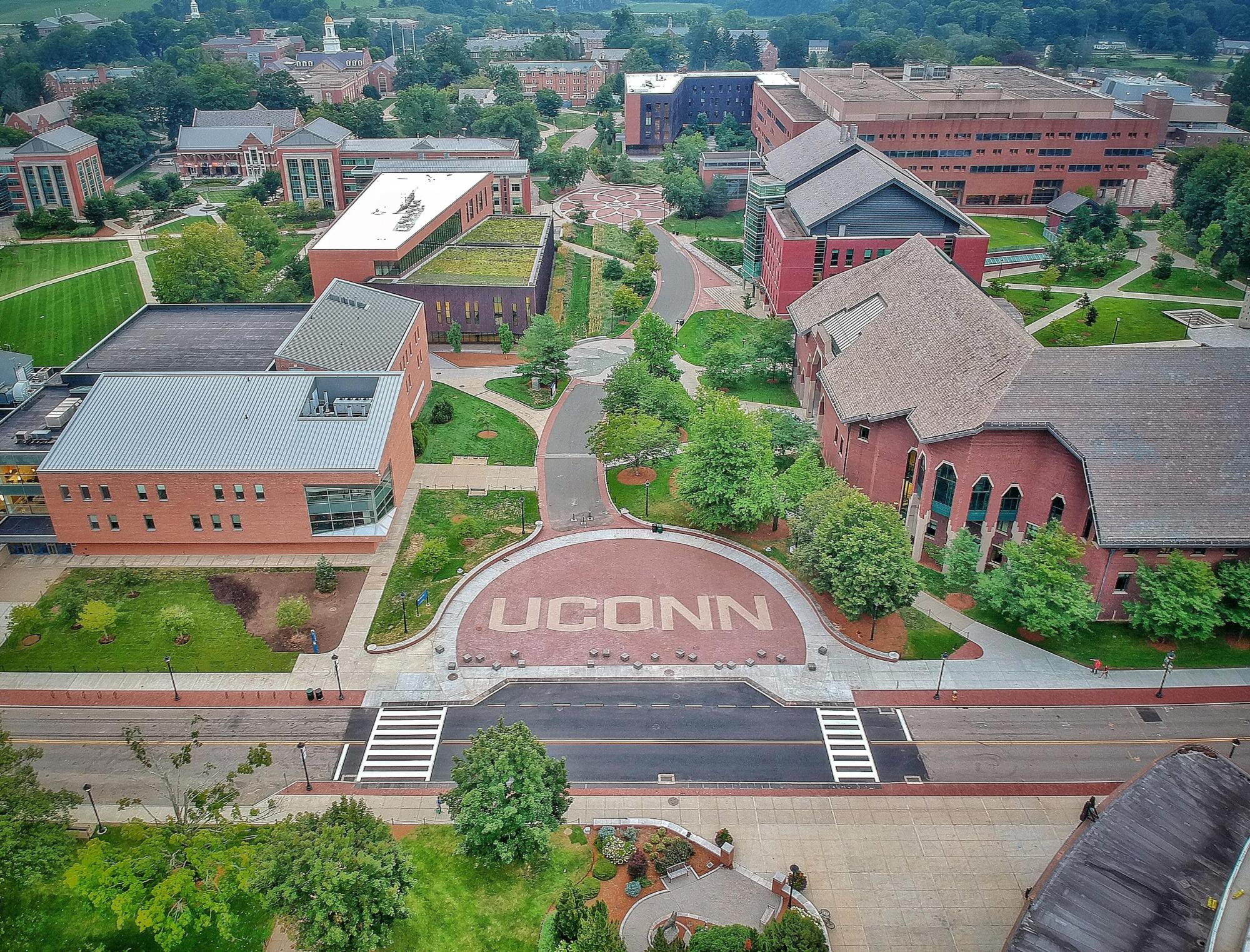 Overhead image of the brick buildings and walkways of the University Of Connecticut Fairfield Circle
